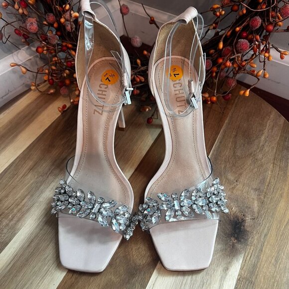 Schutz Vinyl Crystal-Embellished Stiletto Heel Sandal Sz 7.5B Mild Rose Ankle - Picture 2 of 14
